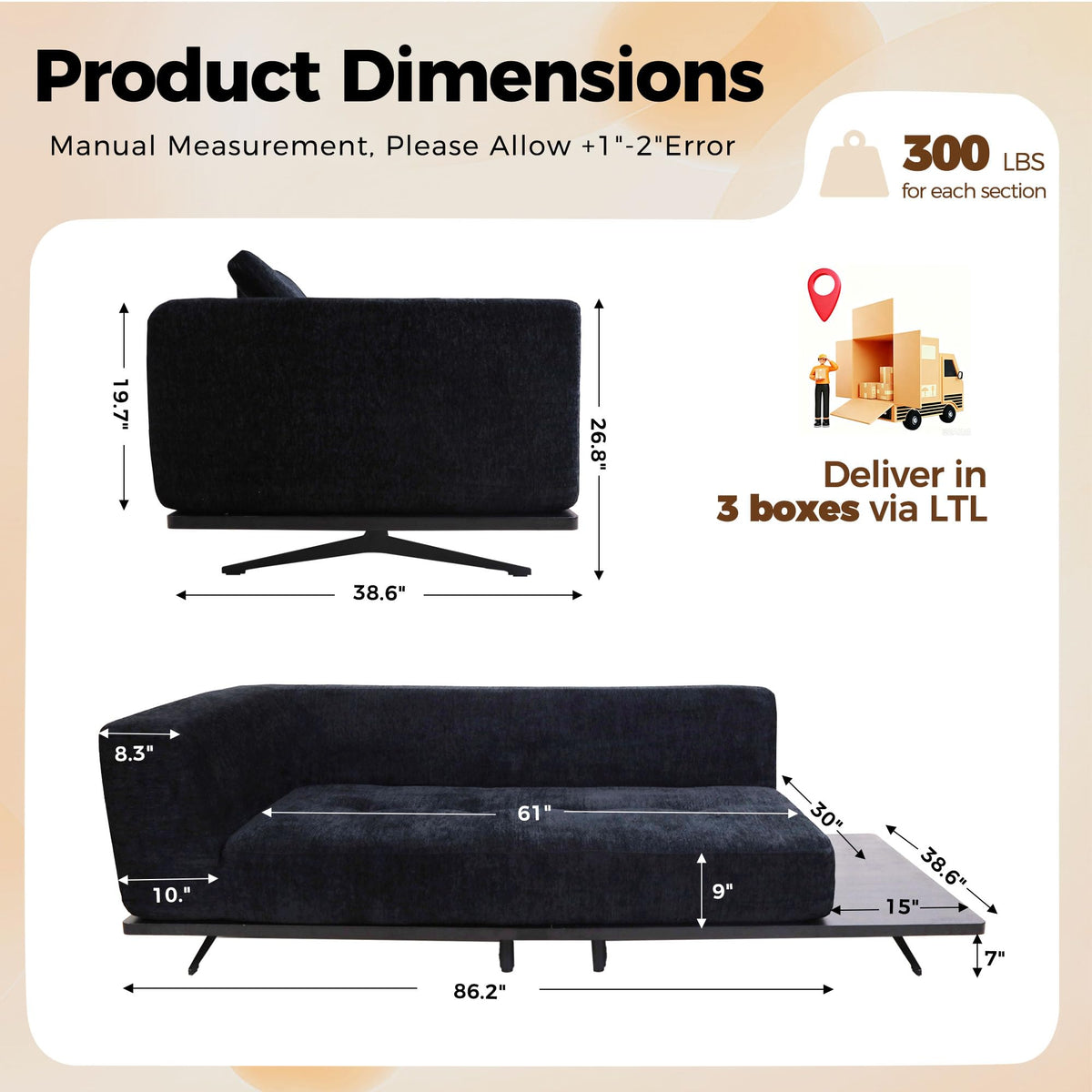 101" Boneless Couch with Raised Base, Deep Seat Cloud Sofa, Easy Clean