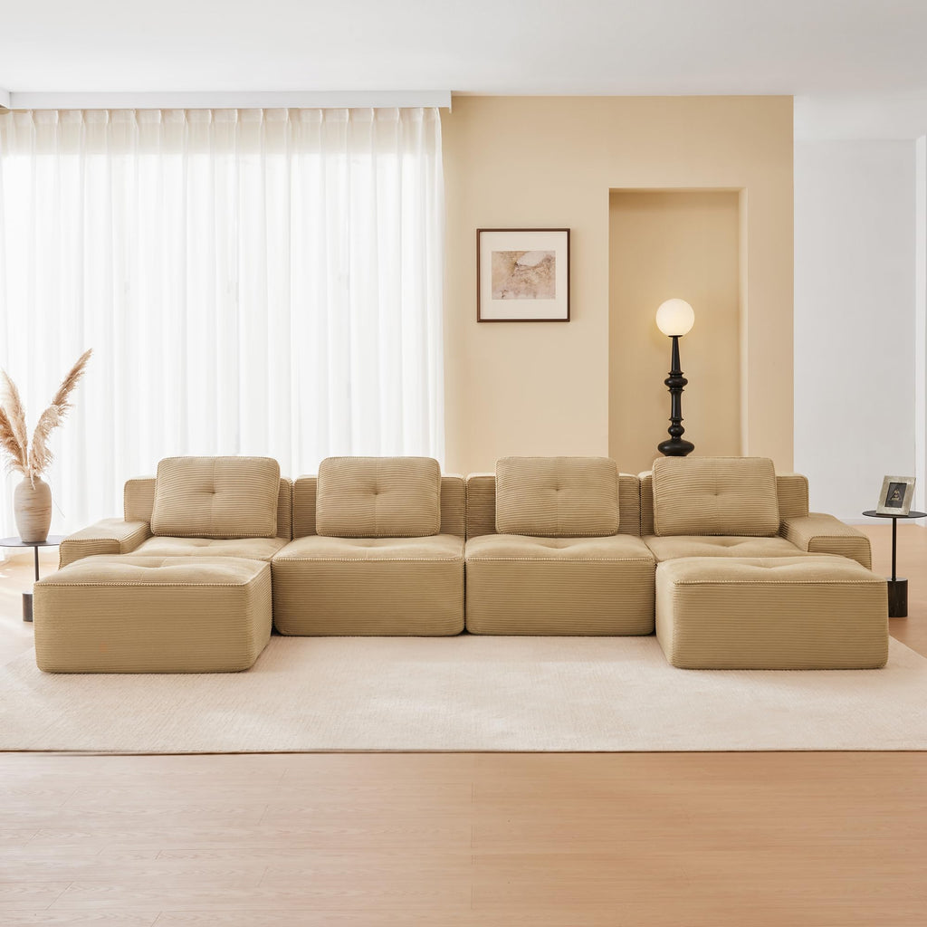 Tidyard 15? Modern U-Shaped Modular Sectional Sofa for Living Room, Corduroy Fabric 4-Seater Couch with Deep Seat & 2 Movable Ottomans, Pearl Piping, Tufted Design, No Assembly, Anti-Slip Base, Camel
