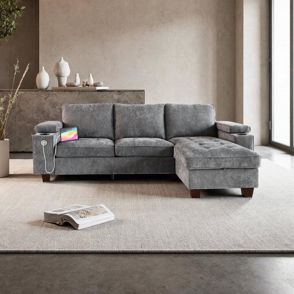 100" L Shaped Sectional Sofa with Hidden Armrest Storage, USB & Type-C Charging Ports, 4-Position Adjustable Armrests, Built-in Cup Holders, Upholstered Couch for Living Room, Brown