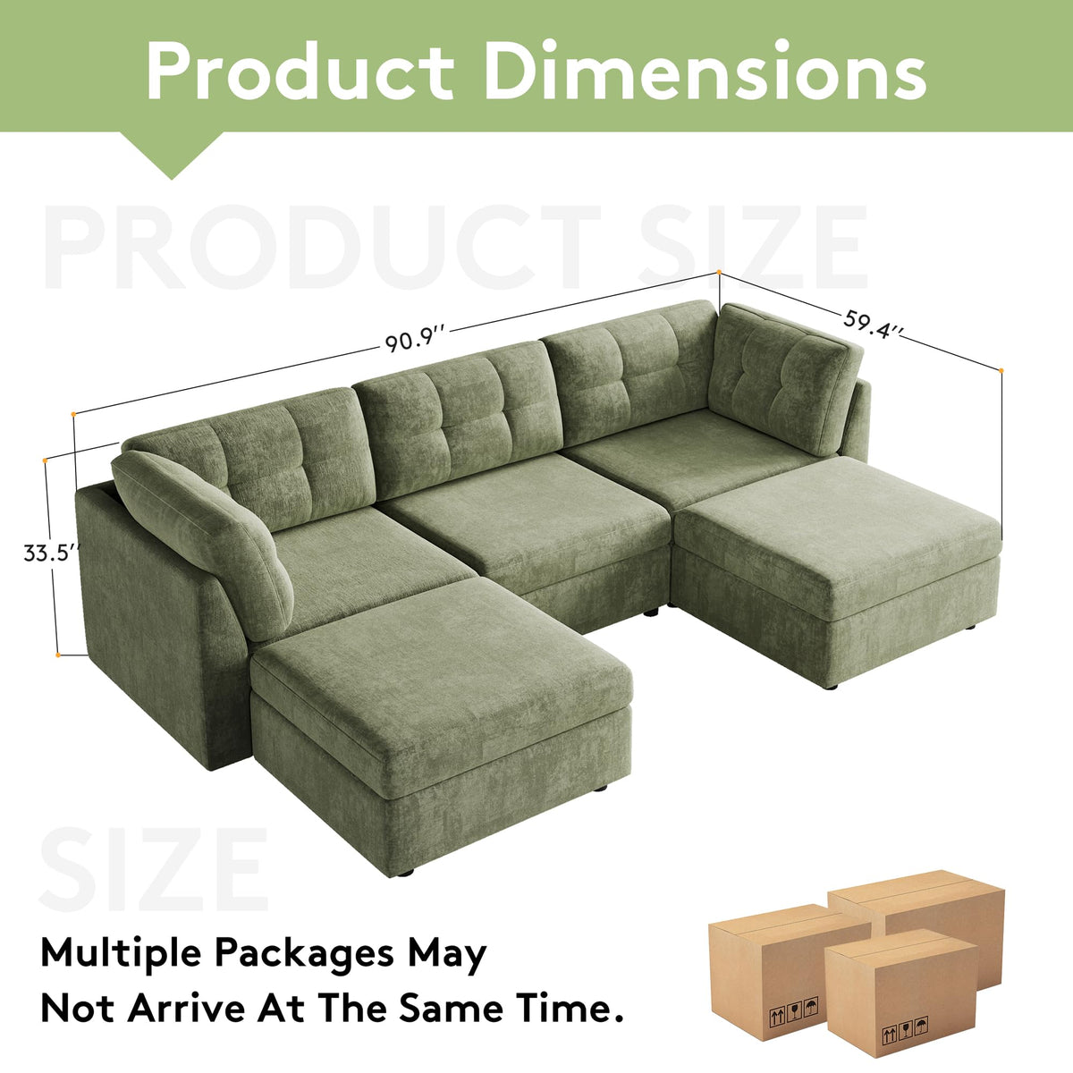 VANOMi Sectional U-Shaped Sofa for Living Room, Modualr Sofa Couch, Green