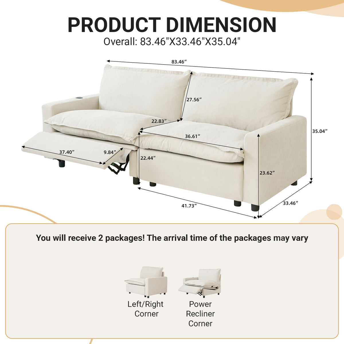 WJShome 83'' Loveseat Power Recliner Sofa with Footrest, Oversized Modular Sectional Power Reclining Sofa with USB/Type C Port/Wireless Charging Station/Heatable Seat Cushion, Beige