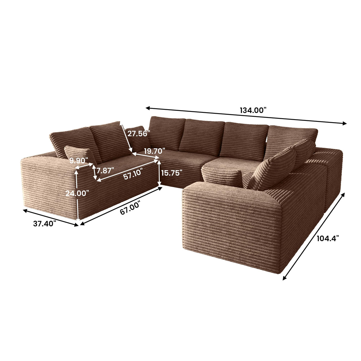 134 Inch Oversized Boneless Sofa Bed, Fluffy Corduroy Sleeper Sofa for Apartment Bedroom Living Room, Comfy Modular Cloud Sectional Couch, Boneless Couch, No Assembly, Brown