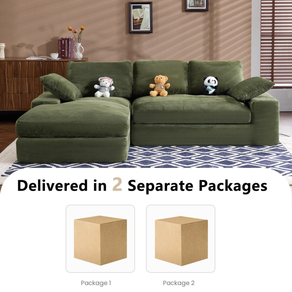 White corduroy compressed sofa. It has a soft and skin-friendly sitting feel, adding a healing atmosphere to the warm living room. It comes with 3 back cushions and 2 throw pillows. (Green)