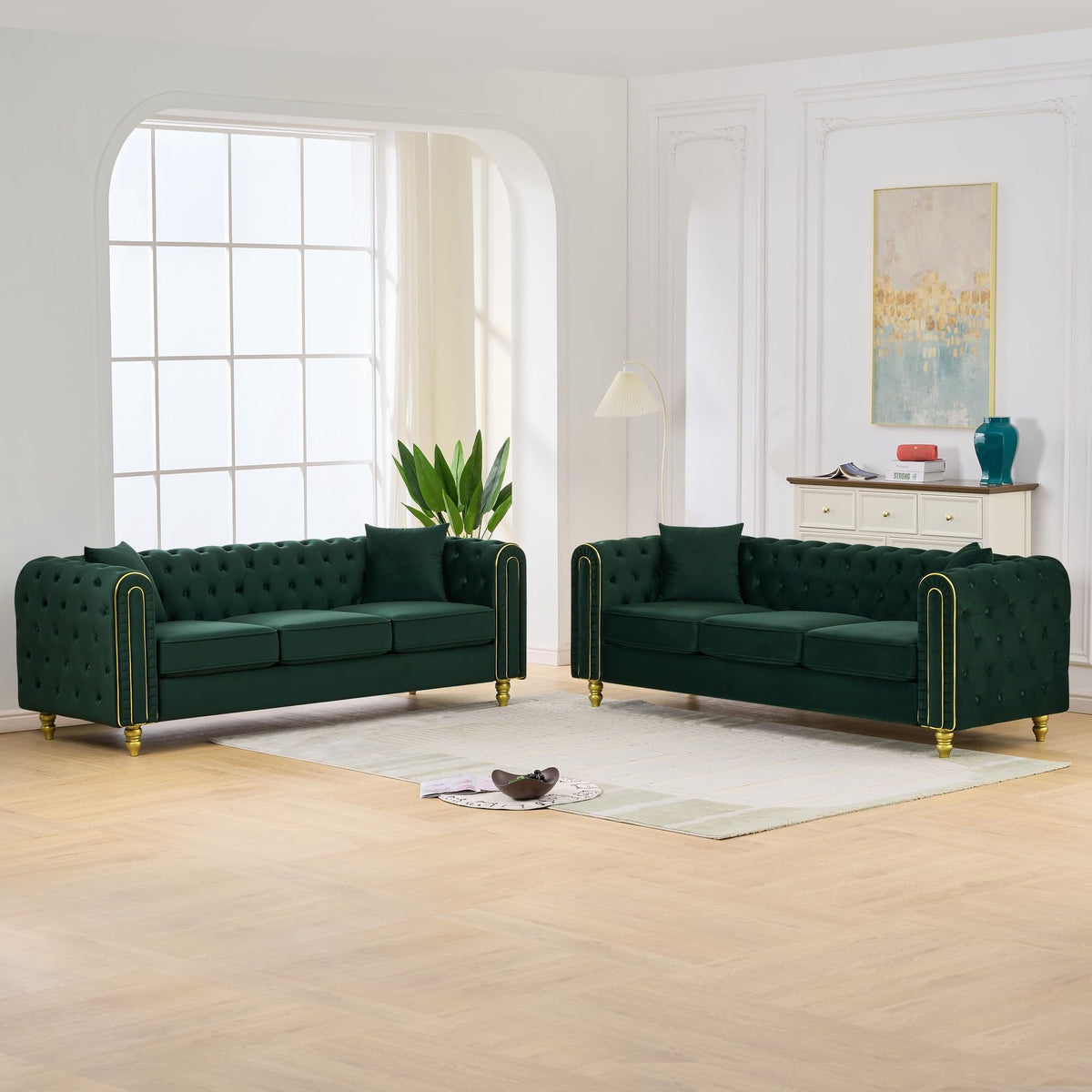 Velvet Chesterfield Sofa Set of 2, Mid Century Modern Deep Seat Loveseat + 3 Seater Couch with Golden Legs and Button Tufted, Upholstered Comfy Sofa with 2 Pillows for Living Room, Black Gold