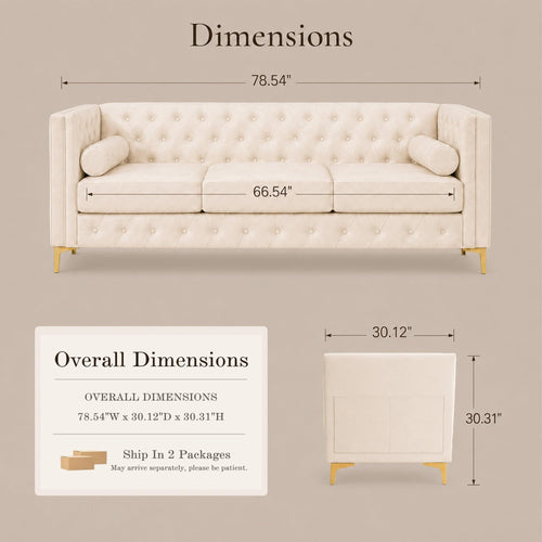 78.5" Cream White Faux Leather Sofa Couch for Living Room, Luxury Button Tu