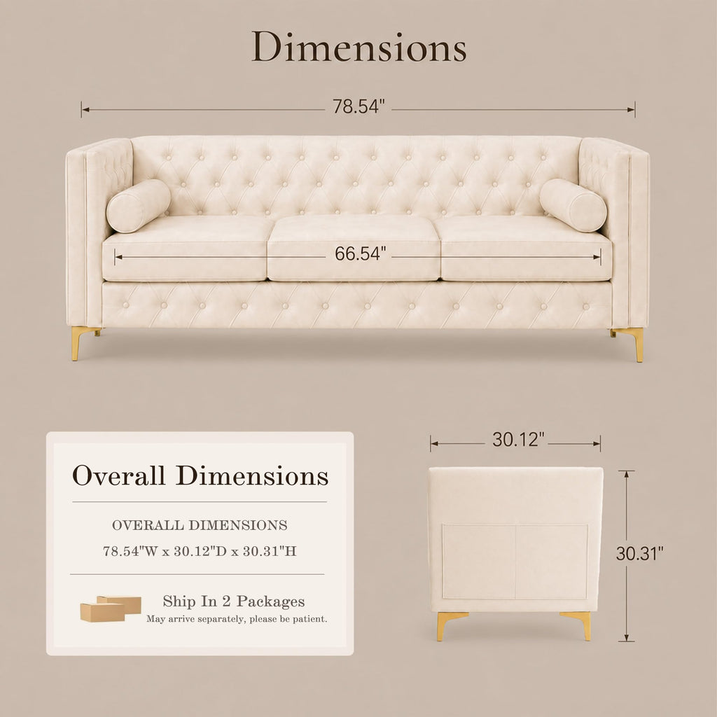 78.5" Cream White Faux Leather Sofa Couch for Living Room, Luxury Button T