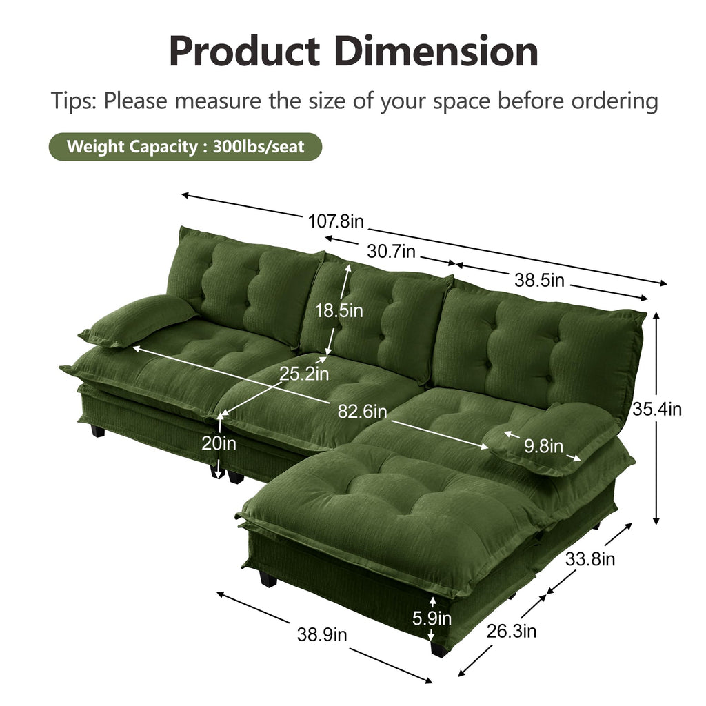 108'' Modular Sectional Couch, L-Shaped Chenille Cloud Sofa with Ottoman, Green Couch with Deep Seat for Living Room