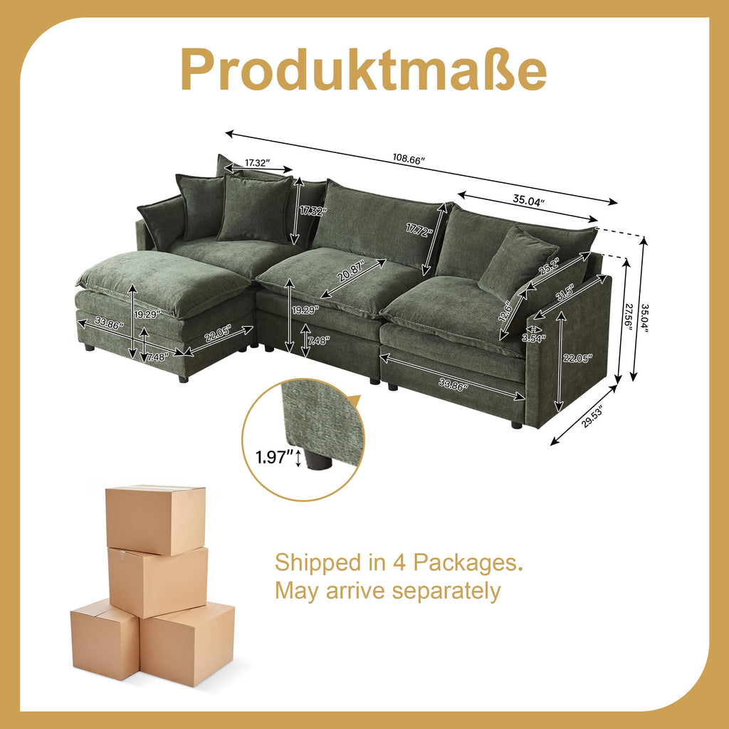 108.66" L Shaped Modular Sectional Couch, Comfy Chenille Upholstered Cloud Couches with Movable Ottoman for Living Room, Modern 3 Seater Sofa with Pillows for Apartment, Green