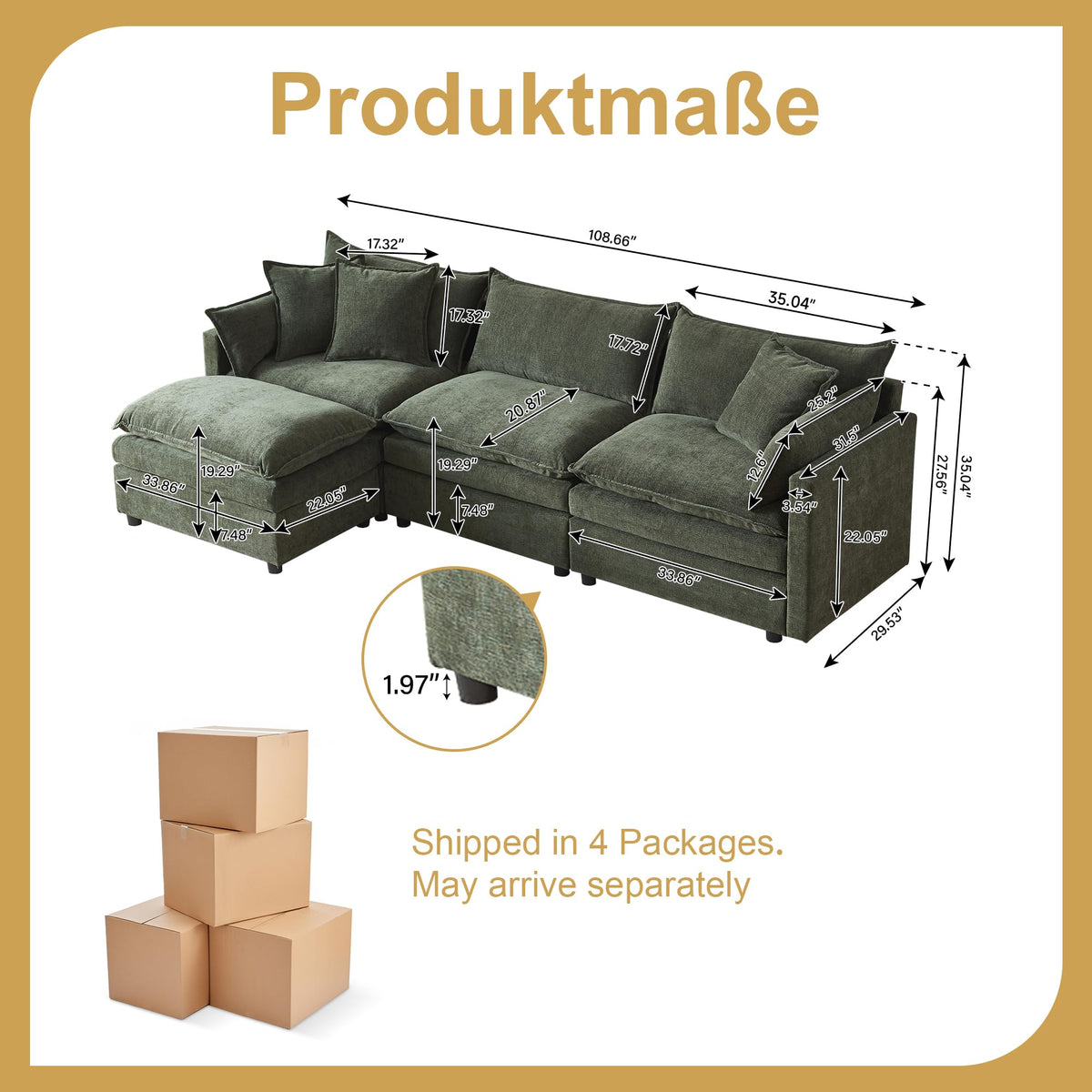 108.66" L Shaped Modular Sectional Couch, Comfy Chenille Upholstered Cloud Couches with Movable Ottoman for Living Room, Modern 3 Seater Sofa with Pillows for Apartment, Green