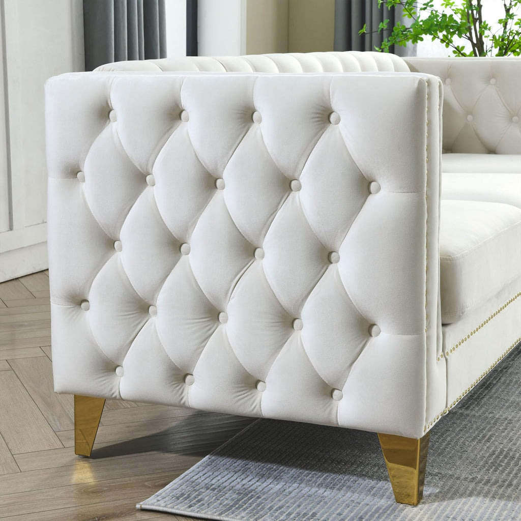 Velvet Sofa for Living Room Beige Three-Section Comfort Cozy Modern Chesterfield Design Bedroom & Office Use