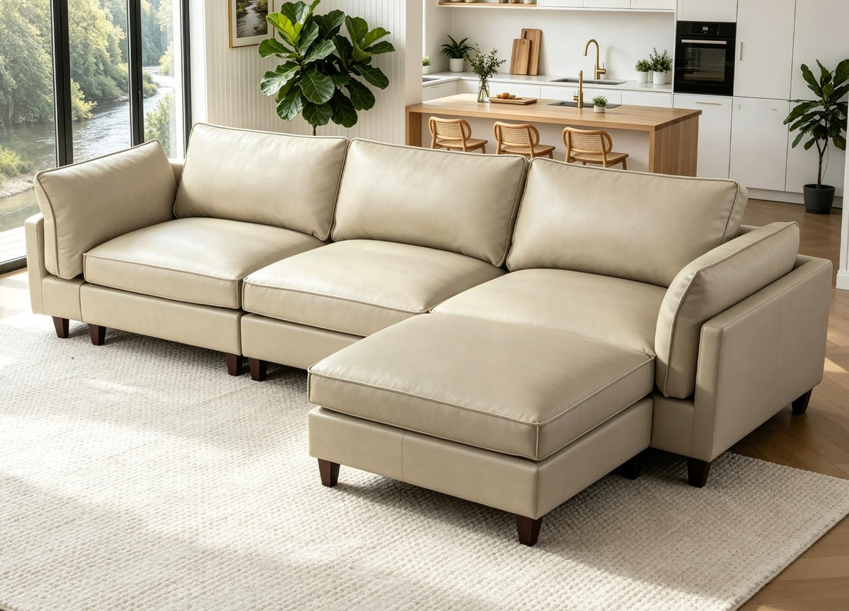 126.3" Oversized L Shaped Sectional Couches for Living Room, 4-Seat Modular Sectional Sofa Set Leather Cloud Couch, Modern Beige Extra Large Deep Seat Couch with Removable Ottoman
