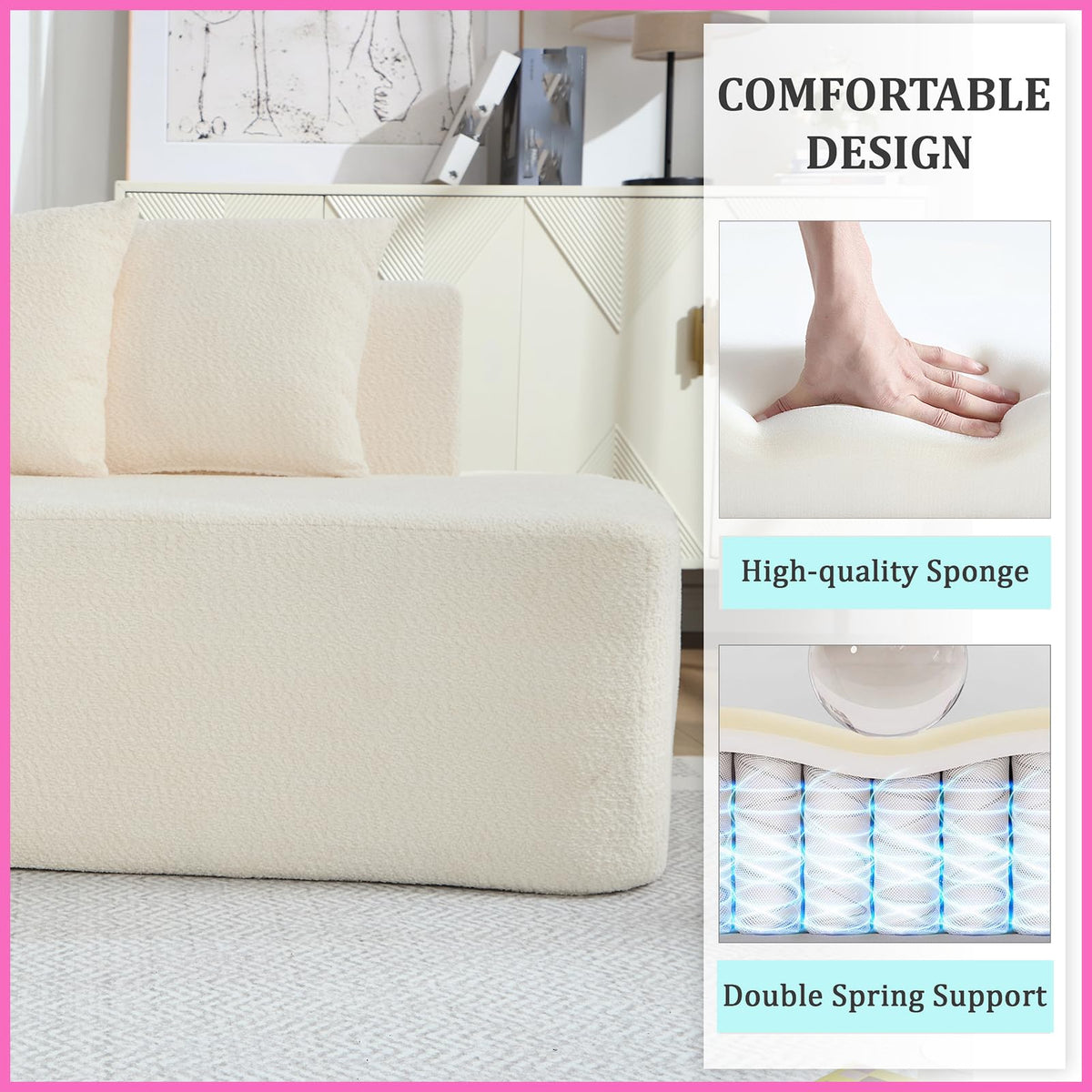 110.2" Minimalist Couches Sleeper with 5 Pillows and Comfy Chaise Irregular L-Shaped Compression Modular Sectional Sofa with Deep Seats for Living Room Apartment Lounge, Ivory