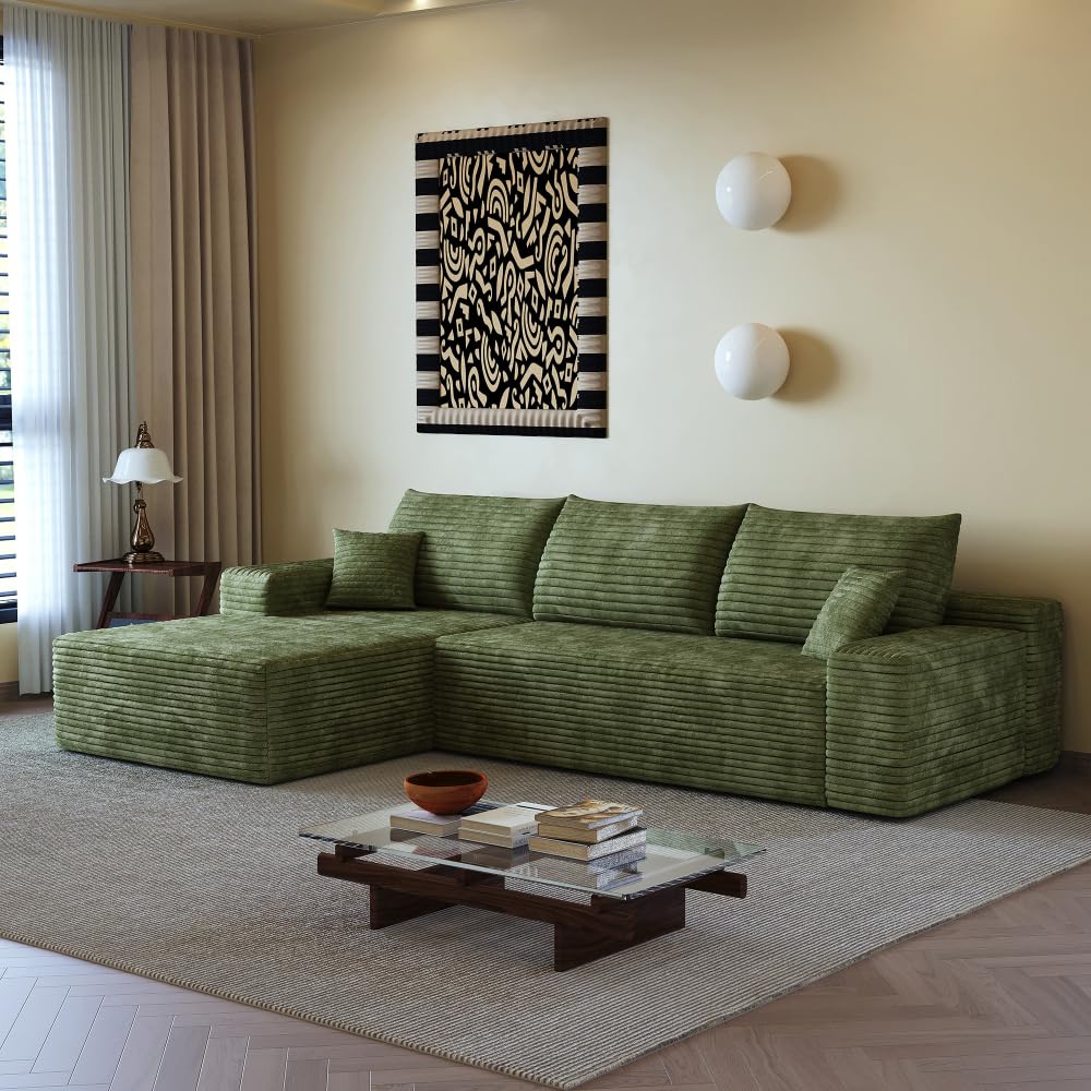 107" Cloud Sectional Sofa with 1 Ottoman,Modern Minimalist Upholstered Couches,Comfort U Shaped Sofa for Living Room,Deep Seat Corner Couch (Green)