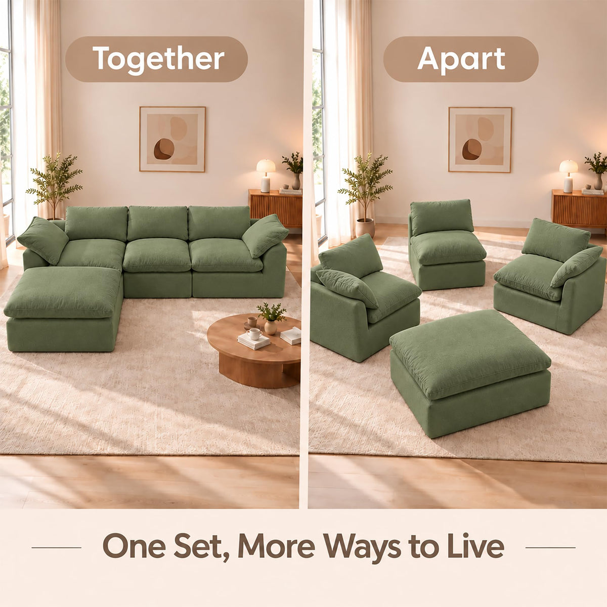 108" Cloud Sectional Couches for Living Room with Ottoman,Green