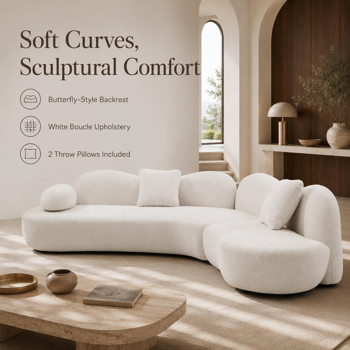 128" White Boucle Curved Sectional Sofa, 5-Seat Italian Modern Couch