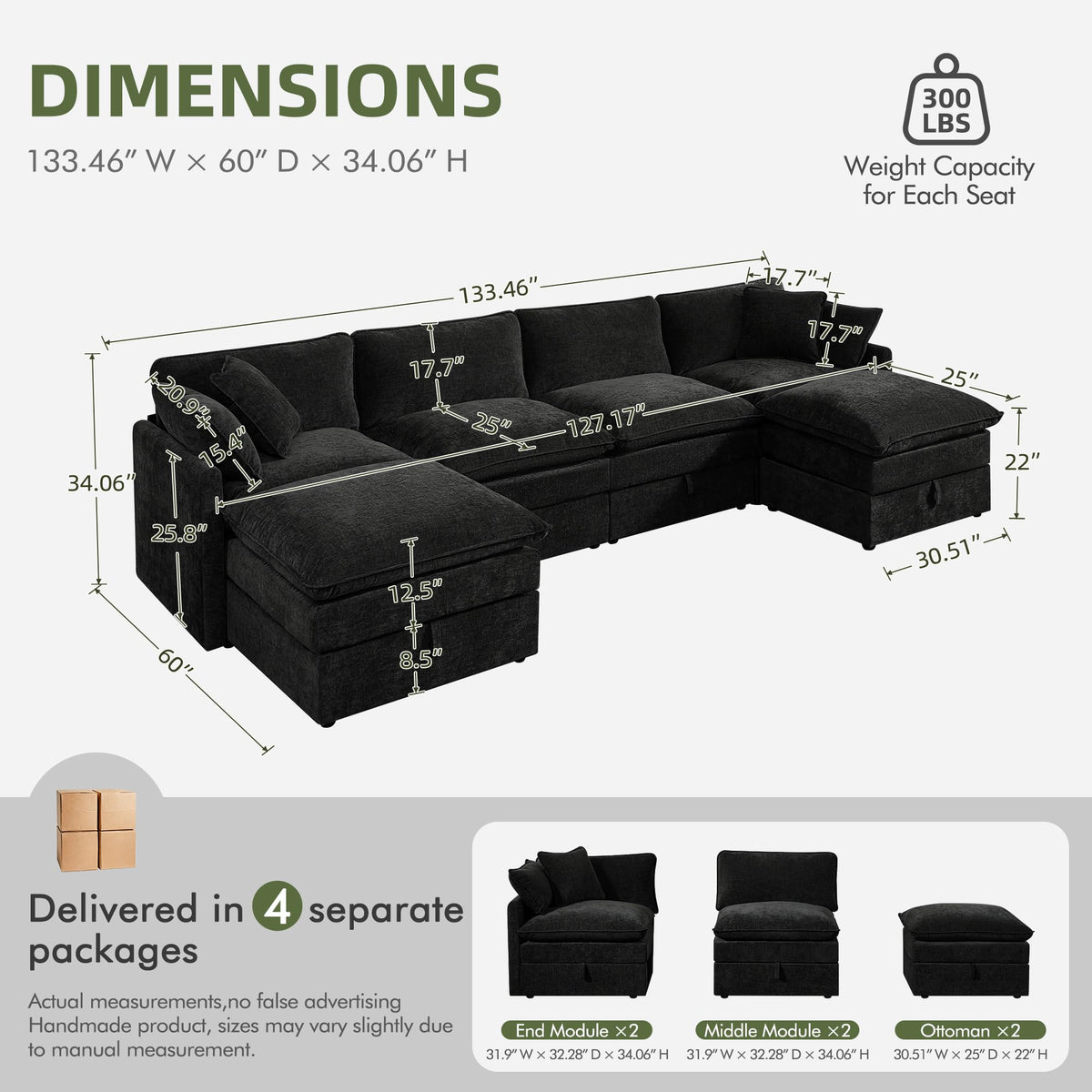 WorthFurni Modular Sectional Sofa with Storage Ottomans,135" U-Shaped Cloud Couch,Comfy Modern Couches with Pillows & Upholstered Deep Seat Cushion for Apartment Living Room Bedroom（Black）