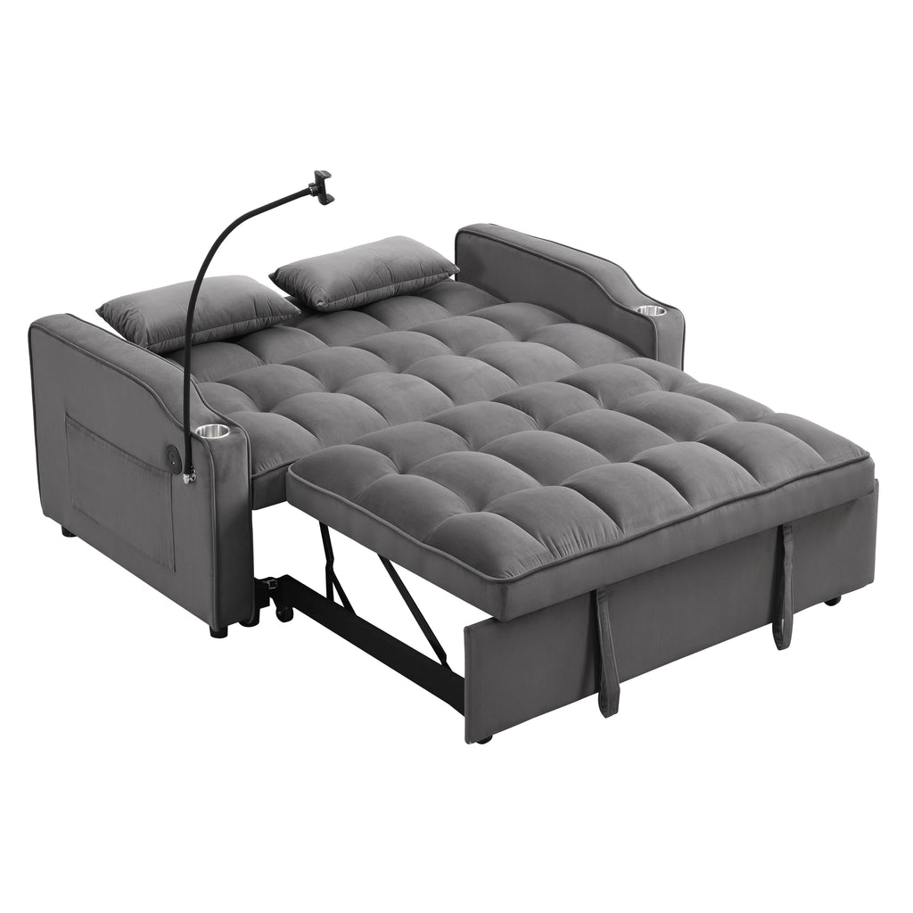 Tidyard Sofa Bed with Trundle, Dark Grey, Convertible Sleeper Couch with USB Ports & Phone Holder, 3-Position Reclining, Includes 2 Pillows, Easy Assembly