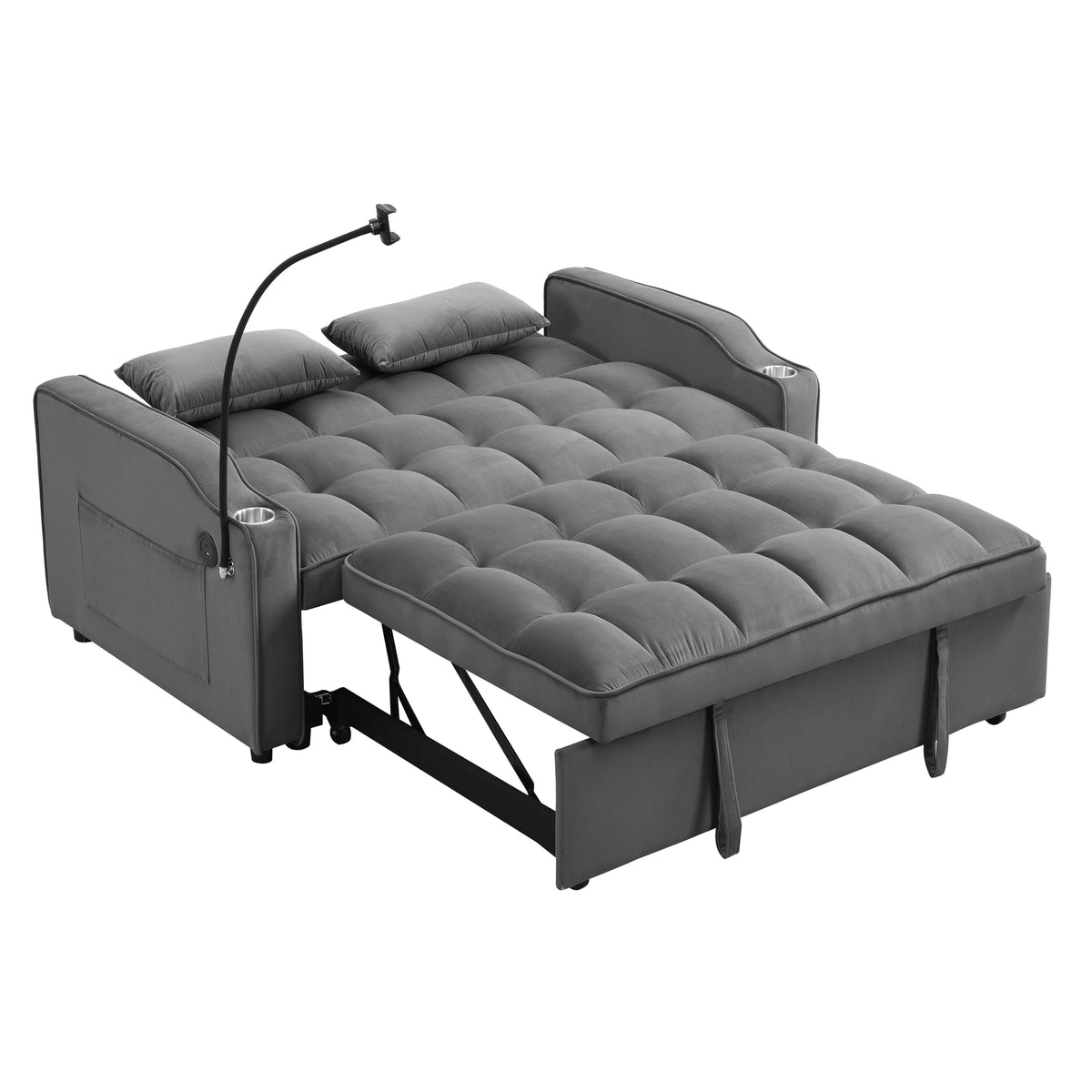 Tidyard Sofa Bed with Trundle, Dark Grey, Convertible Sleeper Couch with USB Ports & Phone Holder, 3-Position Reclining, Includes 2 Pillows, Easy Assembly