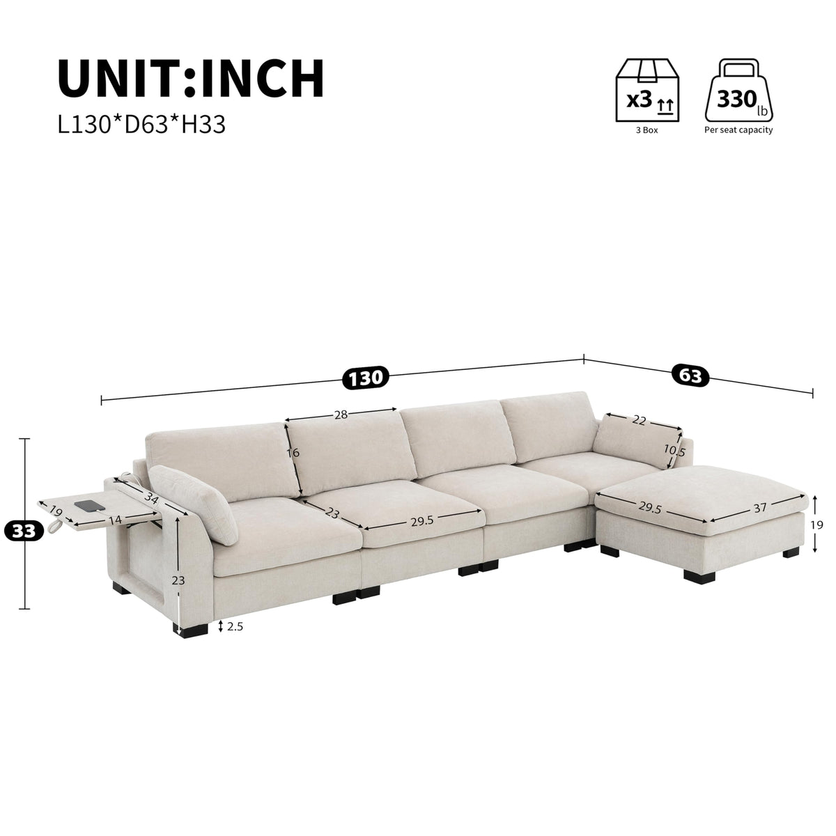 Tidyard 13? L-Shaped Modular Sectional Sofa with Charging Ports, Folding Table & Storage Pockets, 5-Seat Chenille Sofa with Ottoman, 2 Colors