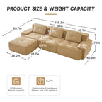 115.3” Camel Boneless Couches for Living Room, Modular Sectional Sofa with L-Shape Chaise, 3 Seater Comfy Upholstered Deep Seat Corduroy Fabric Cloud Couch No Assembly, Anti-Slip Design