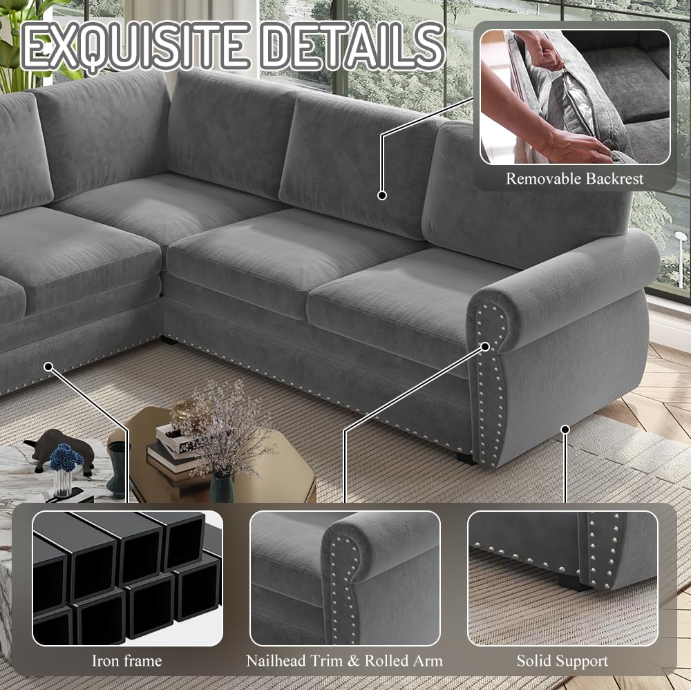 118" L-Shaped Sofa Couch with Pull-Out Bed,Oversize Convertible Sleeper Sofa with Nailhead Trim & Rolled Arm,Chenille Upholstered Sectional Couches,Light Grey