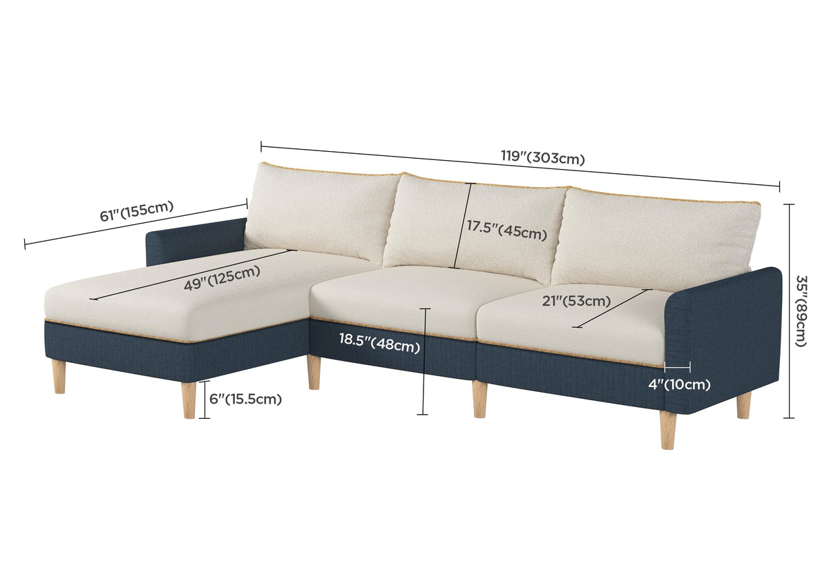 119" Dark Blue Cream L Shaped Sectional Sofa Chaise Lounge, Detachable Covers, Solid Wooden Legs, 3 Seater Cozy Sofa SJ879