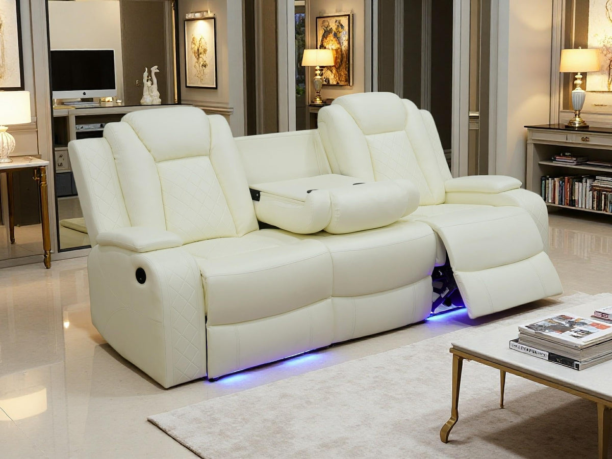Power Recliner Sofa Set with LED Light, Black Leather Sectional Sofa and Chair Set, Living Room Furniture Sets, Modern Power Reclining Sets with Storage Console for House