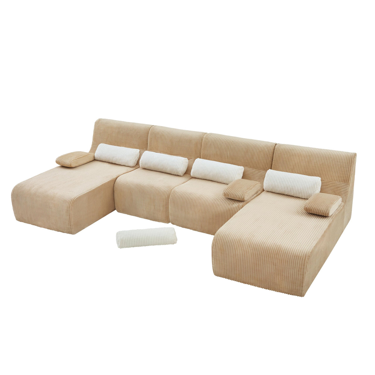 132" U-Shaped Cloud Sectional Couch Oversized Compressed Boneless Modular Sectional Sofa with Lumbar Pillow and 2 Chaise Loungers, Plush Corduroy Boneless Symmetrical Sofa