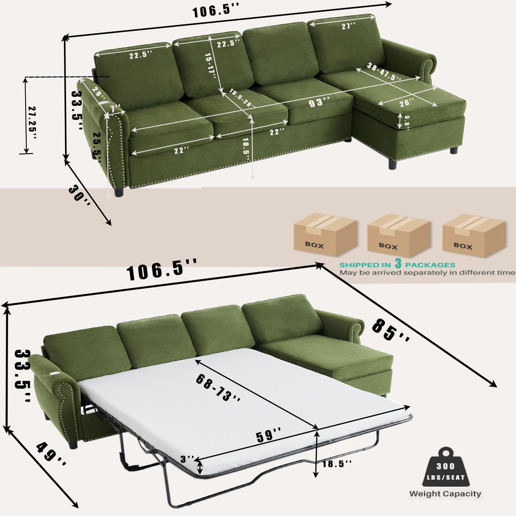 106.5" Pull Out Sofa Bed,L Shaped Modular 4 Seater Couch,2-in-1 Sofa Bed,Wireless Charging, USB Charging Ports,Memory Foam Mattress,Storage Space (Green)