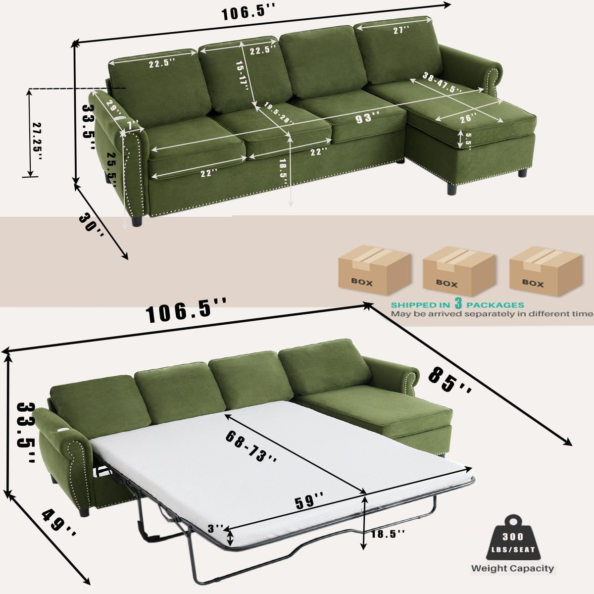 106.5" Pull Out Sofa Bed,L Shaped Modular 4 Seater Couch,2-in-1 Sofa Bed,Wireless Charging, USB Charging Ports,Memory Foam Mattress,Storage Space (Green)