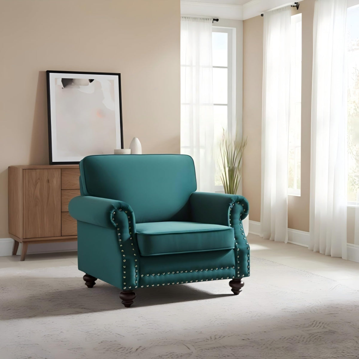 Velvet Sofa Seating with Rolled Arms and Nailhead Trim, Upholstered Living Room Couch, Loveseat or Accent Armchair with Loose Back Cushions, High Density Foam Seats (Green,Couch)