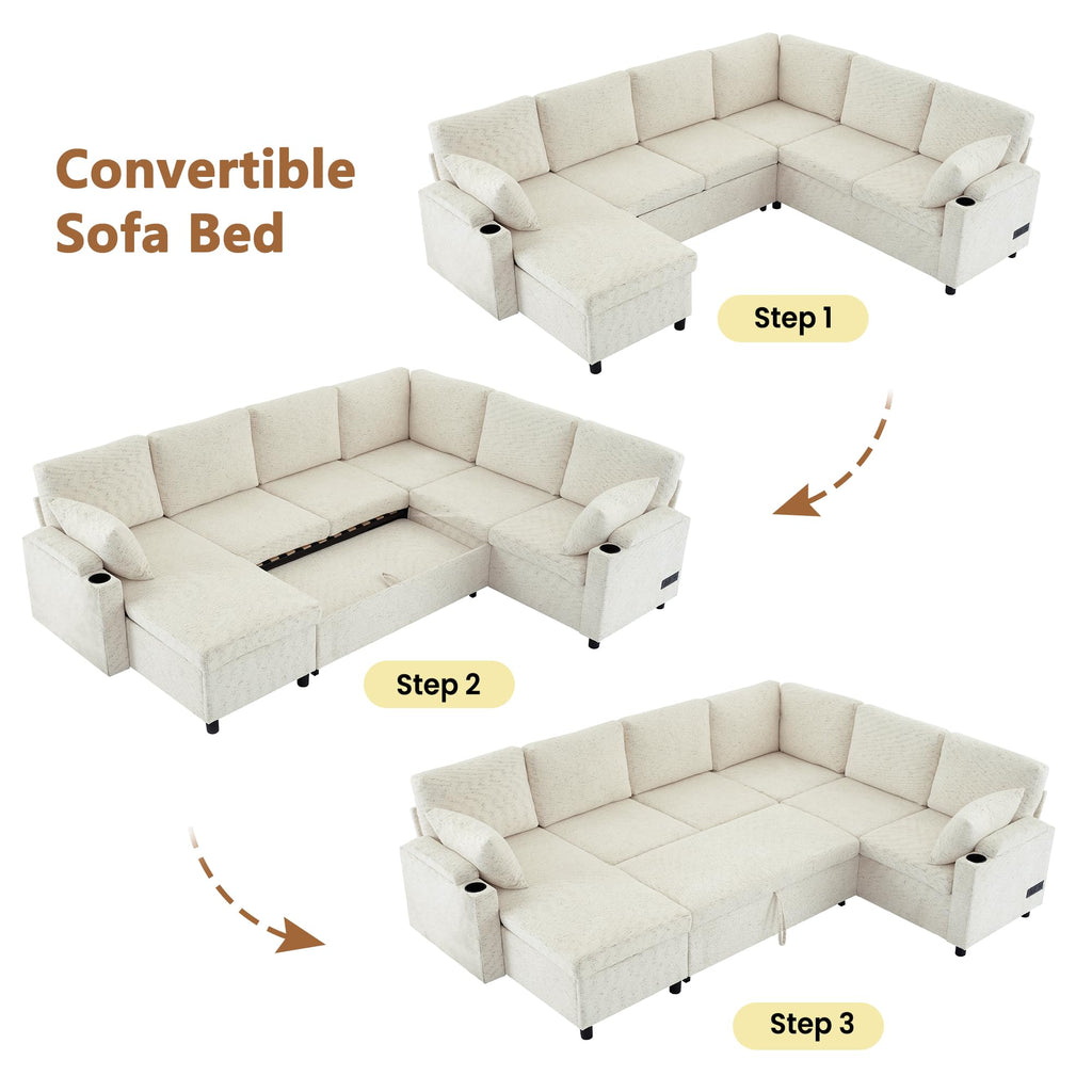 109.9" Sectional Sofa Sofa Bed Sofa Sleeper U Shaped Sofa with Ample Storage Space, Two Cup Holders and Charging Ports for Living Room, Beige