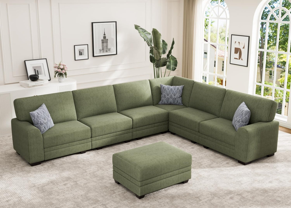 Wanderwell Oversized Modular Sectional Sofa, 6-Seater U Shaped Couches with Movable Ottoman,Corduroy Sectional Couch with Wide and Deep Seats Suitable for Living Room,Bedroom,Apartment (Olive, L-7)