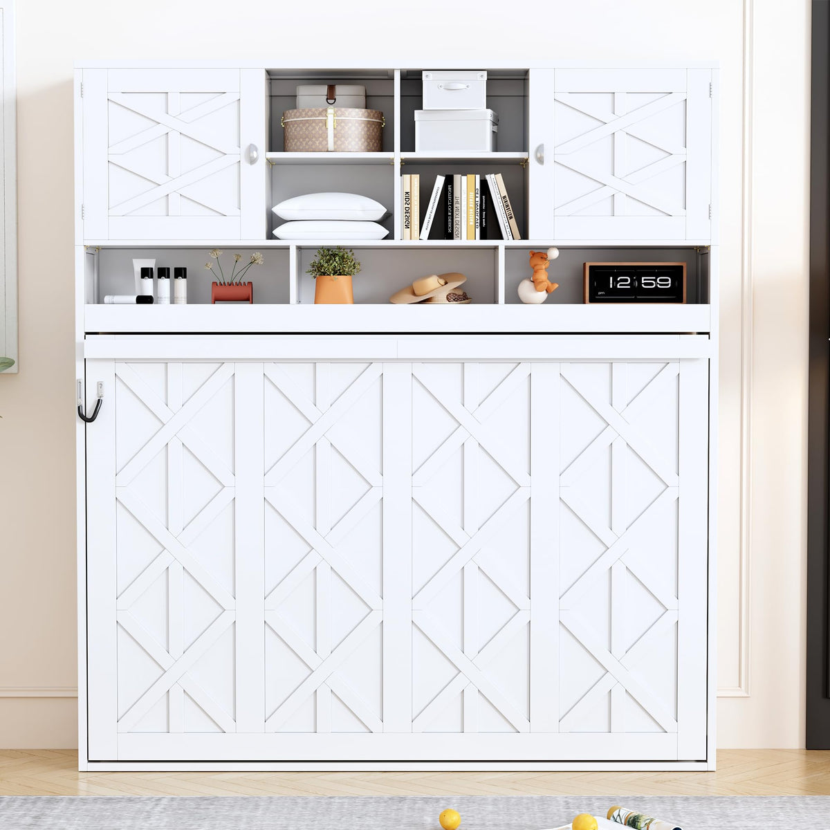 Twin Size Murphy Bed with Open Shelving, Sofa Front and Printed Panel