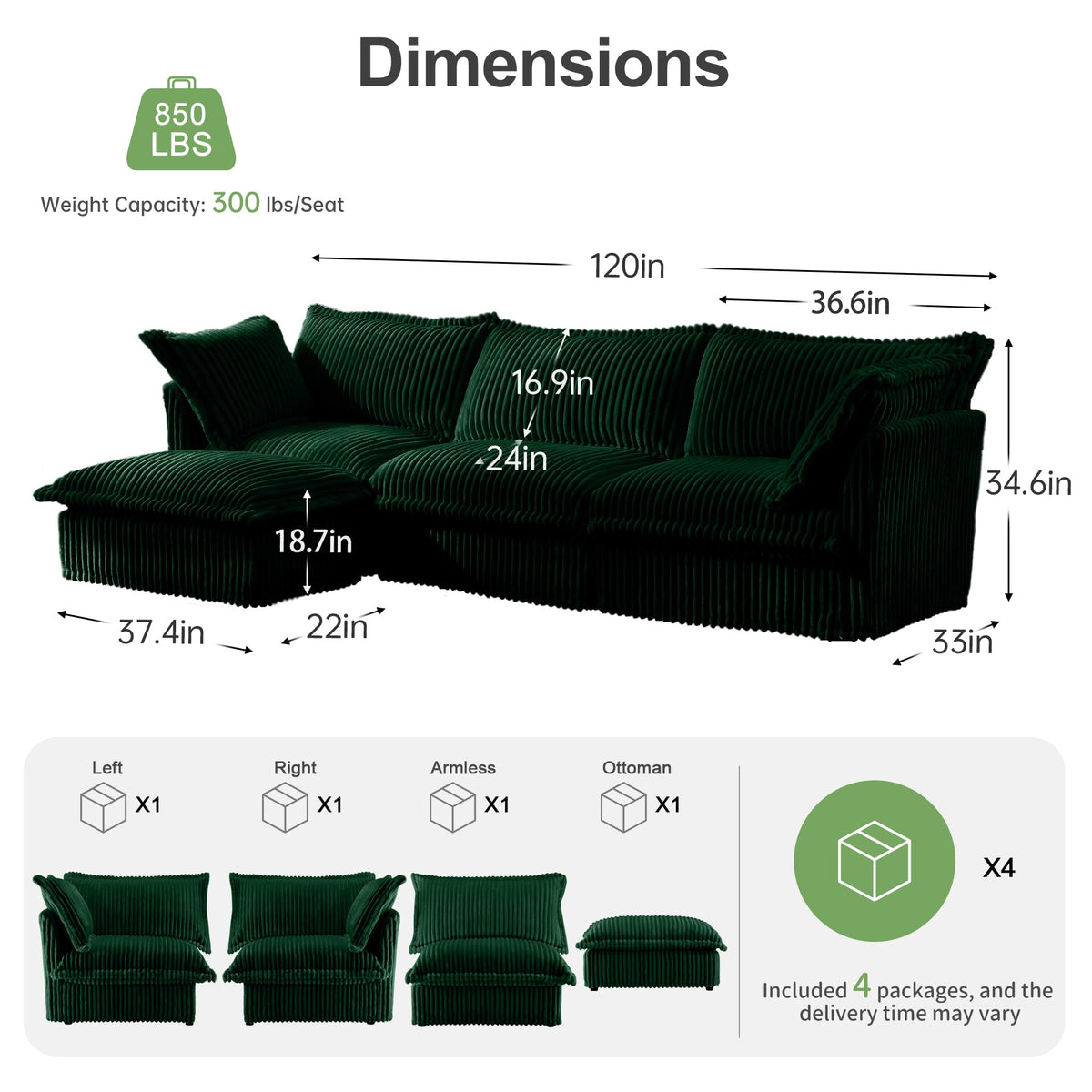 120" Corduroy Sectional Sofa with Ottoman, 3-Seater, Green