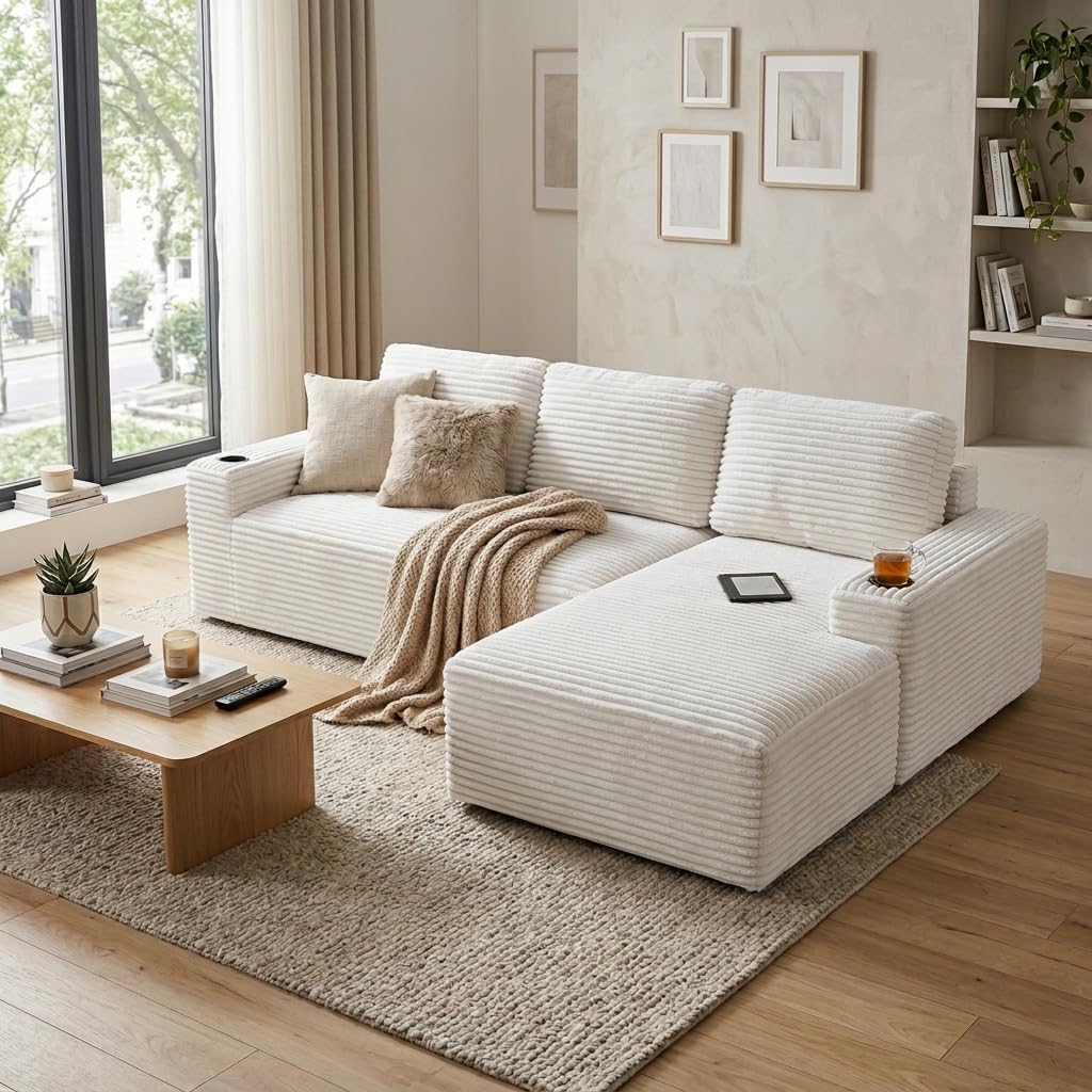 133" Oversized U-Shaped Cloud Modular Sectional Sofa Couches with Double Chaise, Corduroy Boneless Couch with Cupholders, High-Density Foam Floor Sofa for Living Room, No Assembly Required