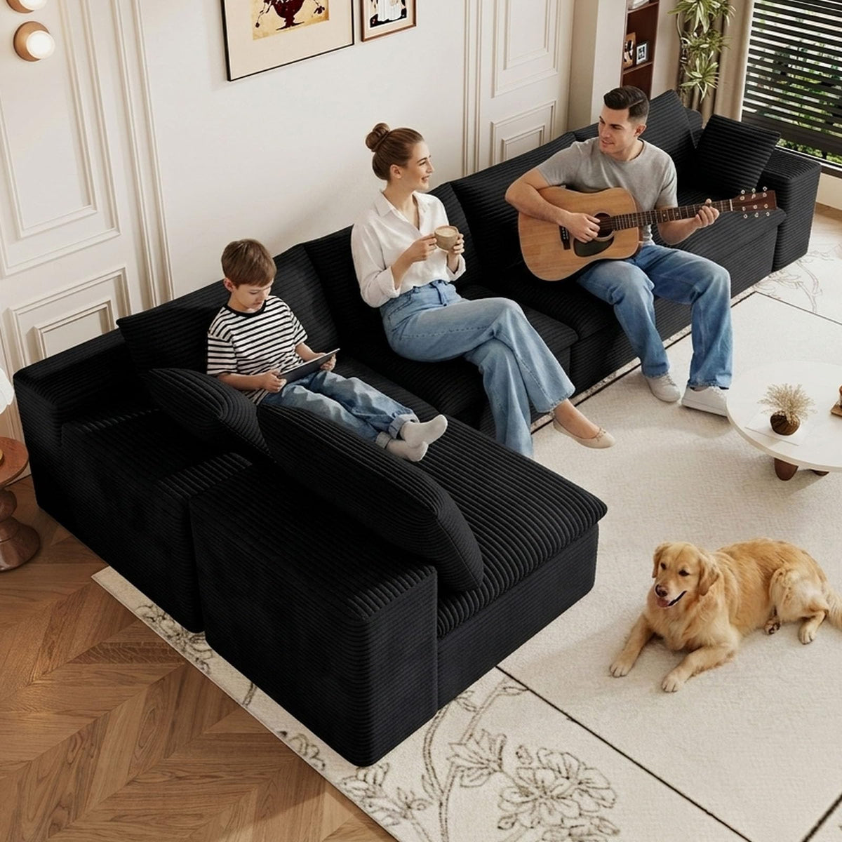 107" Cloud Couch Modular Sectional Couchs with Chaise Lounge, U-Shape Boneless Couches with Ottoman for Living Room, Corduroy Sofa with Deep Seat, No Assembly Required (Green, Left Facing Chaise)
