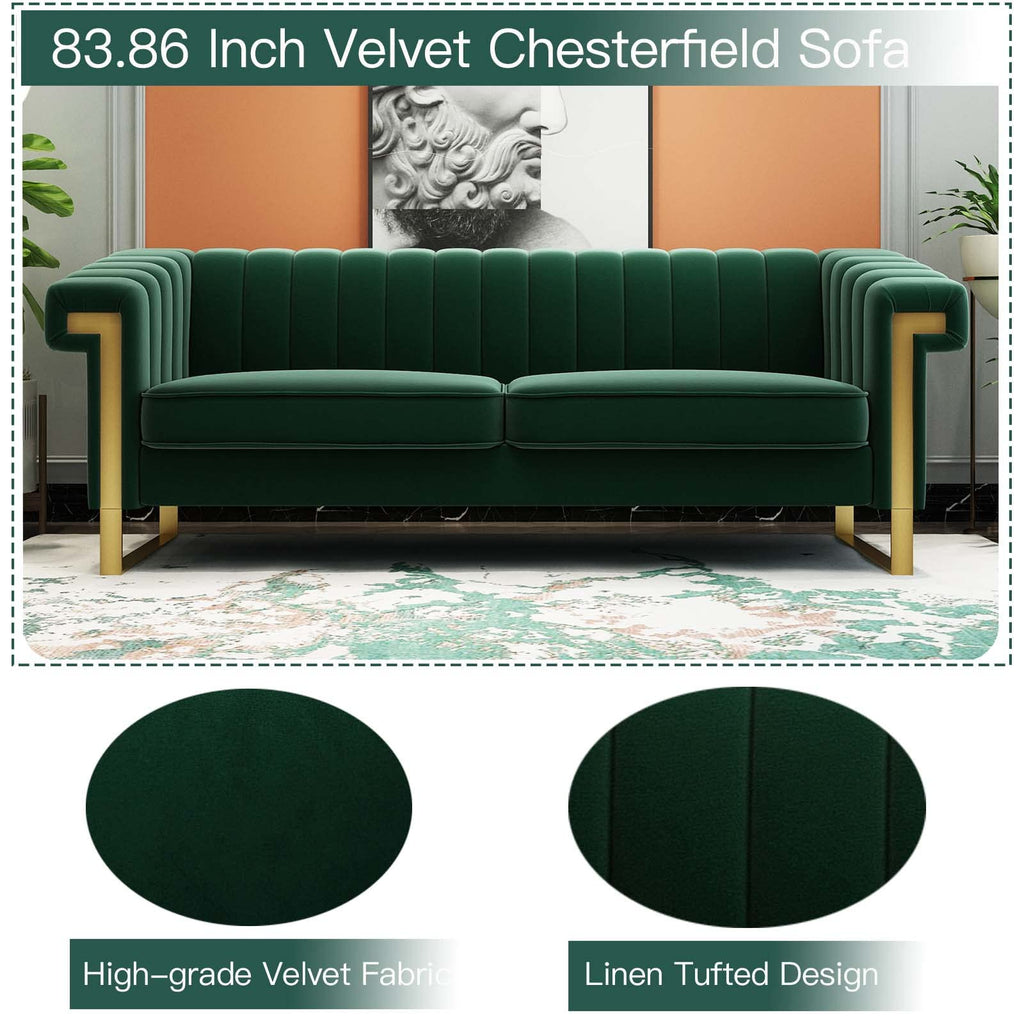 Tomkate 84" Chesterfield Sofa, Modern Velvet 3-Seater Couch with Gold Metal Legs & Removable Cushions, Upholstered Comfy Sofa with Stainless Steel Base for Living Room, Bedroom, Office (Green)