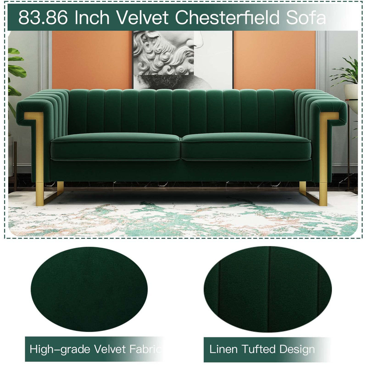 Tomkate 84" Chesterfield Sofa, Modern Velvet 3-Seater Couch with Gold Metal Legs & Removable Cushions, Upholstered Comfy Sofa with Stainless Steel Base for Living Room, Bedroom, Office (Green)