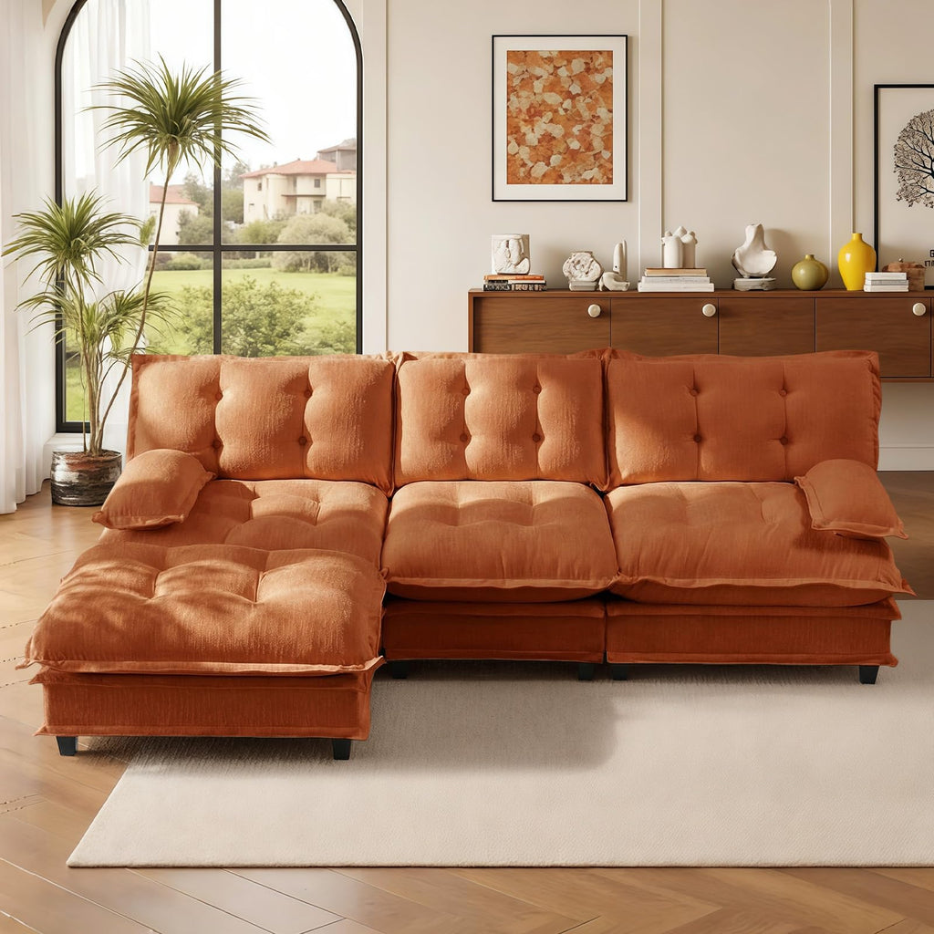 107.5" Modular Sectional Sofa-Chenille Deep 3 Seater L-Shaped Cloud Couch with Ottoman, Button Seat Cushions for Living Room & Apartment, Orange