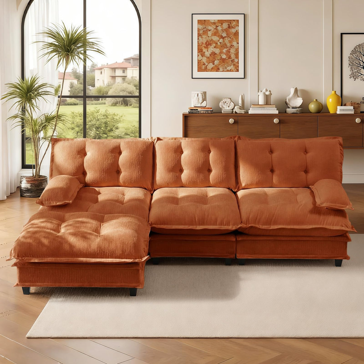 107.5" Modular Sectional Sofa-Chenille Deep 3 Seater L-Shaped Cloud Couch with Ottoman, Button Seat Cushions for Living Room & Apartment, Orange