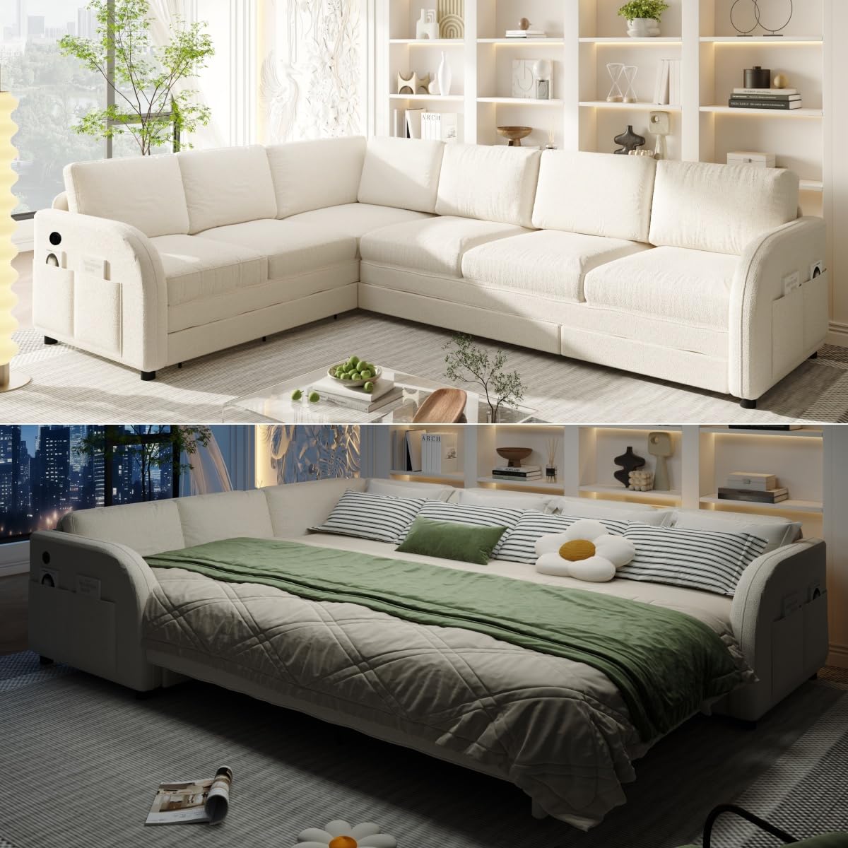 118" L-Shaped Sectional Sleeper Sofa Bed with Pull Out Couch, Dark Grey