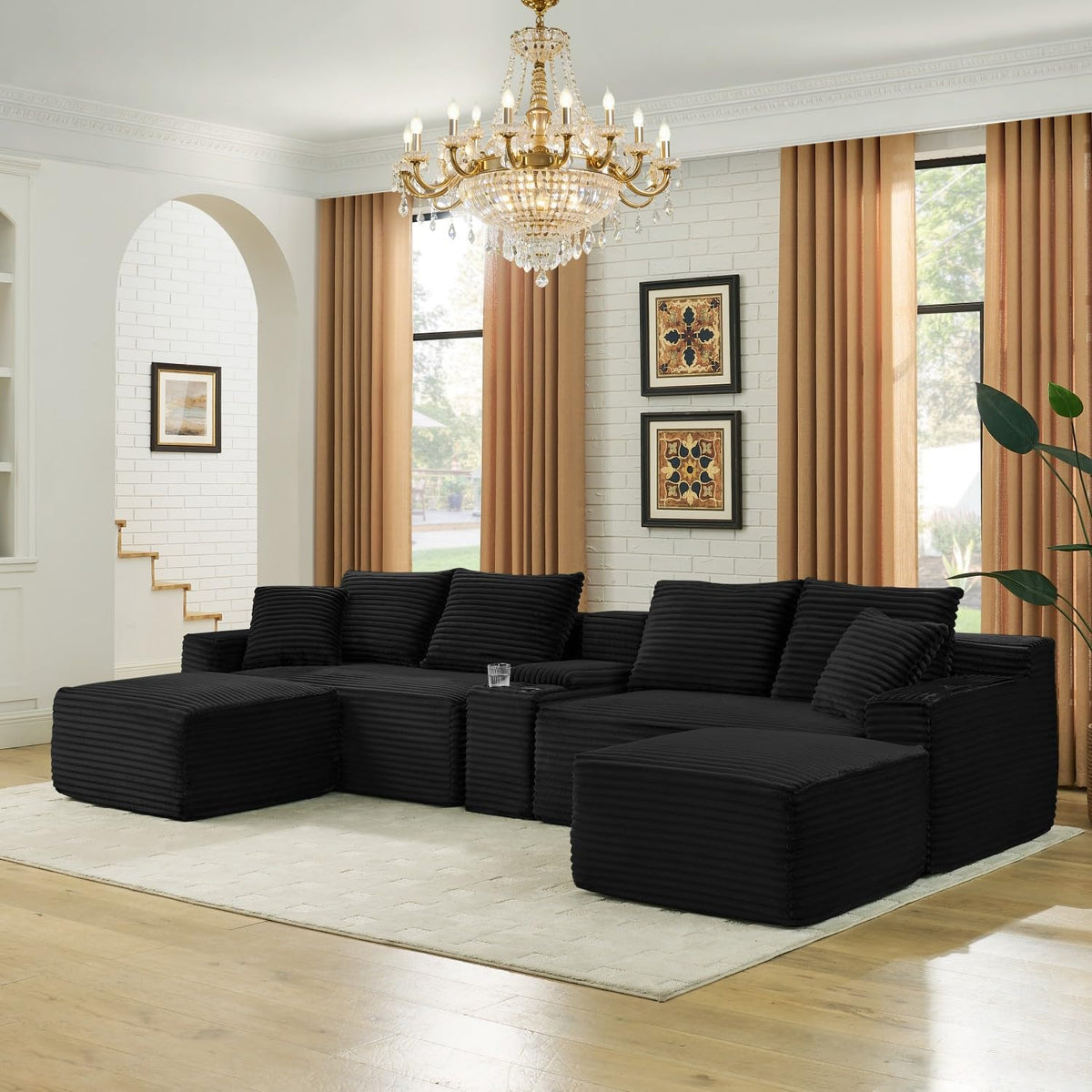115" Modular Sectional Sofa, Corduroy U-Shaped Cloud Couch with Chaise ‌and Ottoman‌, No Assembly Boneless Couches for Living Room, Brown