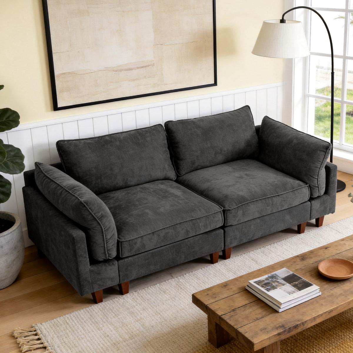 126" L Shaped Faux Leather Couch with Deep Seat for Living Room, Grey