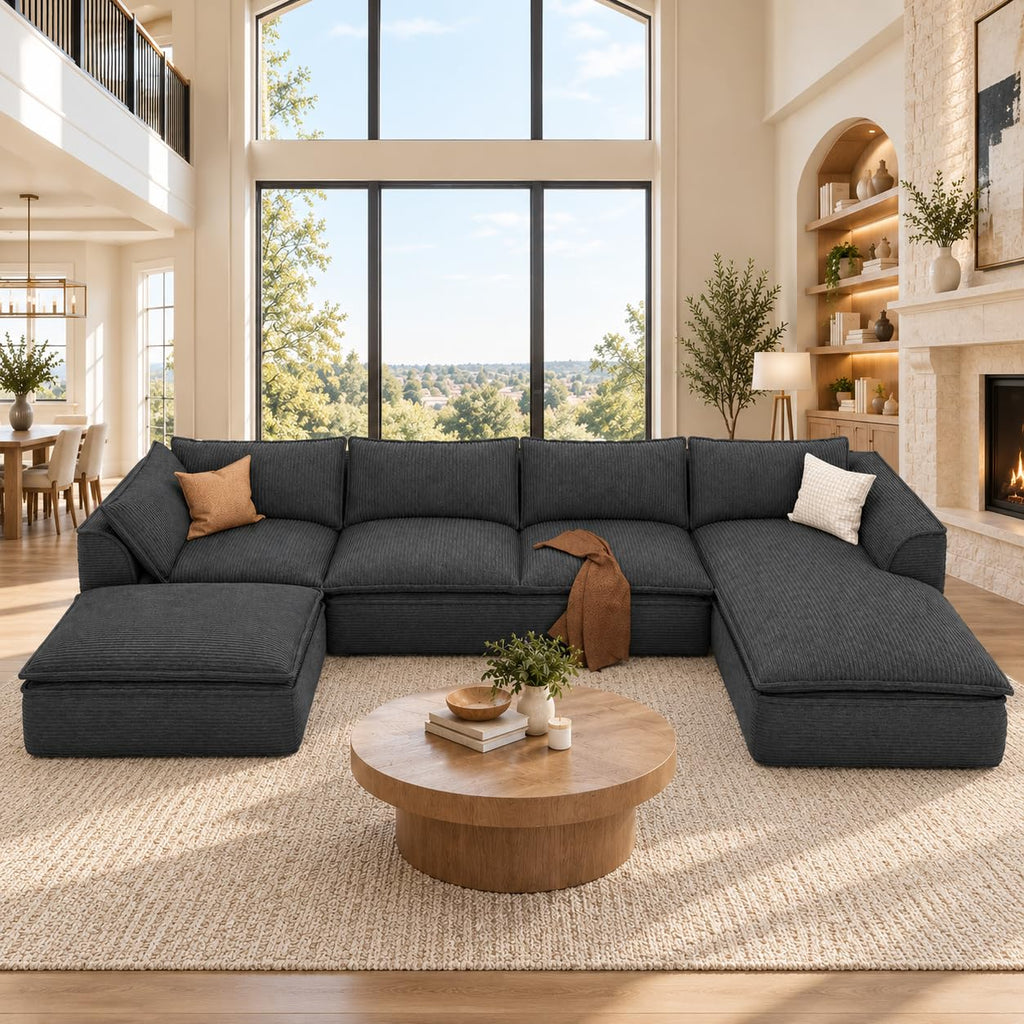 Vesgantti 141.7" Boneless Sectional Sofa with Chaise, 7 Seater Couch, Beige