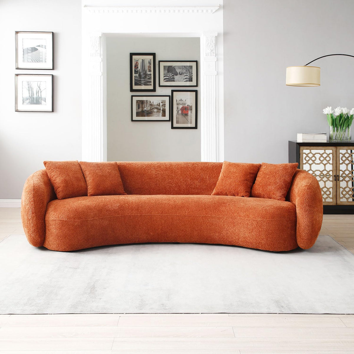 102'' 5-Seater Boucle Sofa Modern Sectional Half Moon Leisure Couch Curved Sofa Teddy Fleece Fabric (White)