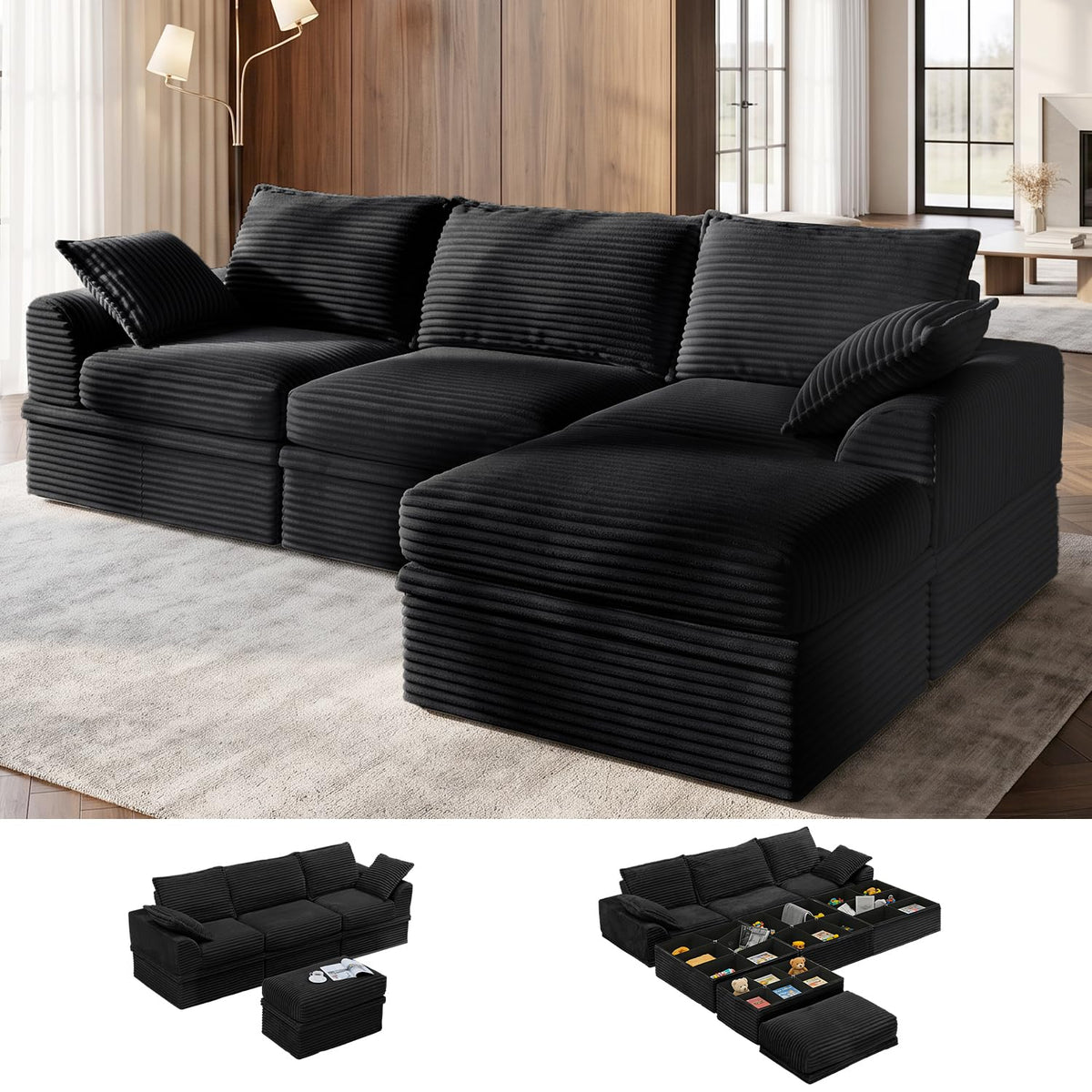 Upgraded Boneless Couch with Storage, 107" Modular Sectional Sofa Couches for Living Room, Extra Deep&High 3 Seater U-Shaped Boneless Sofa with Ottoman, Tool-Free Assembly, Black