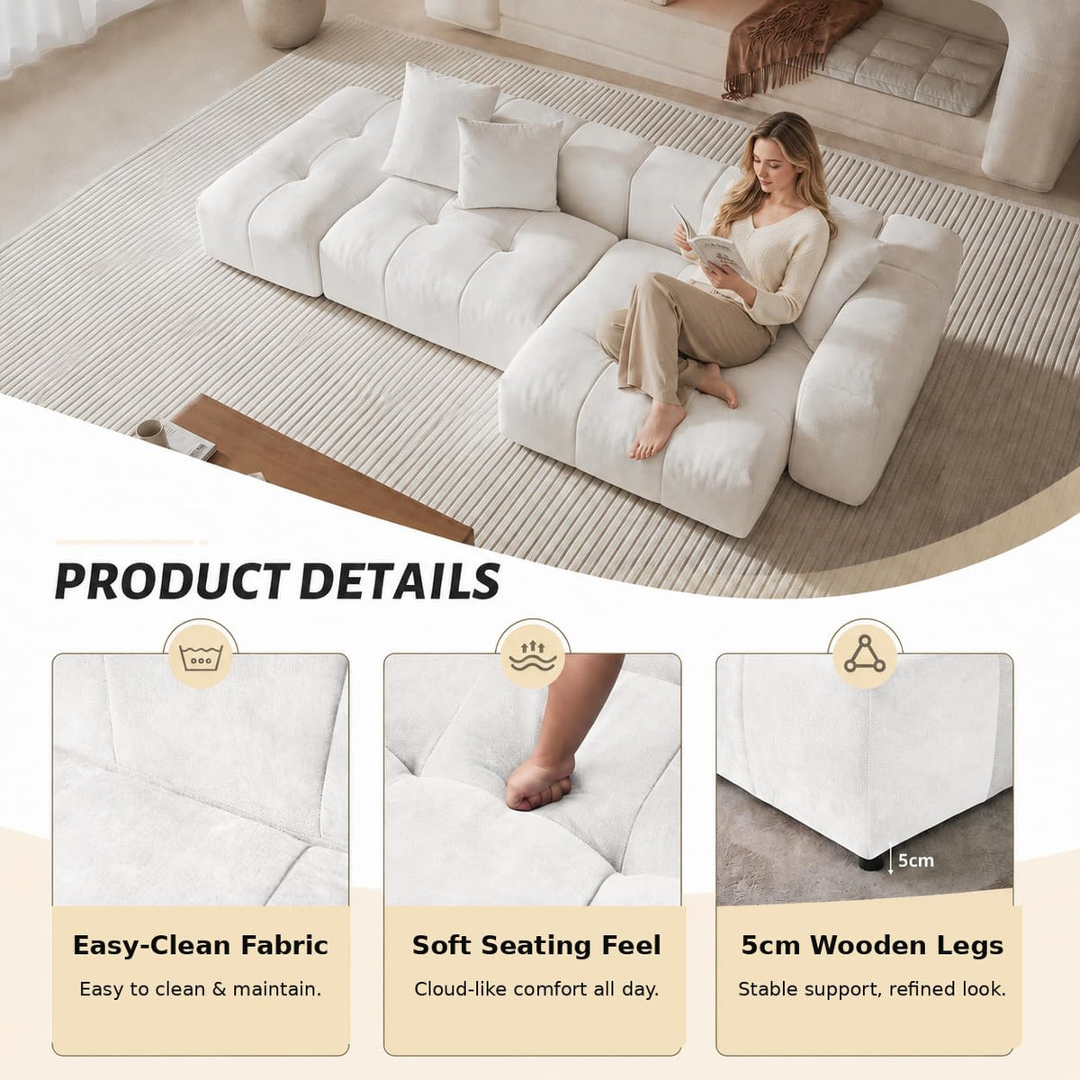 WJShome 144" Oversized Sectional Couches for Living Room,5 Seater Corner Couch Sleeper Sofa, Modern V Shaped Sofa with Deep Seat for Living Room,Spacious Space,White