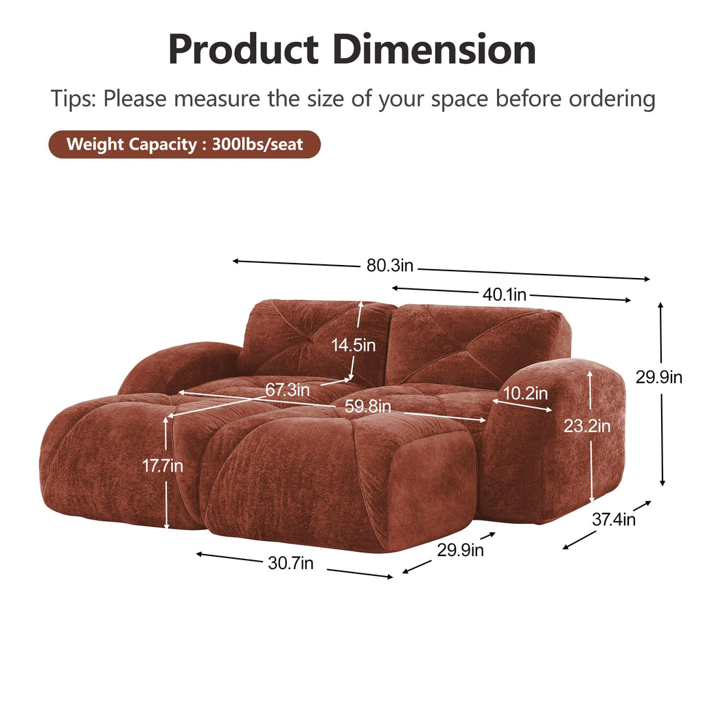 U-Shaped Sectional Sofa with 2 Movable Ottomans, 2-Seater Tufted Velvet Couch, Boneless Cloud Design, 32D High-Density Foam, No Assembly Required, Anti-Slip Bottom for Living Room Bedroom, Red Brown