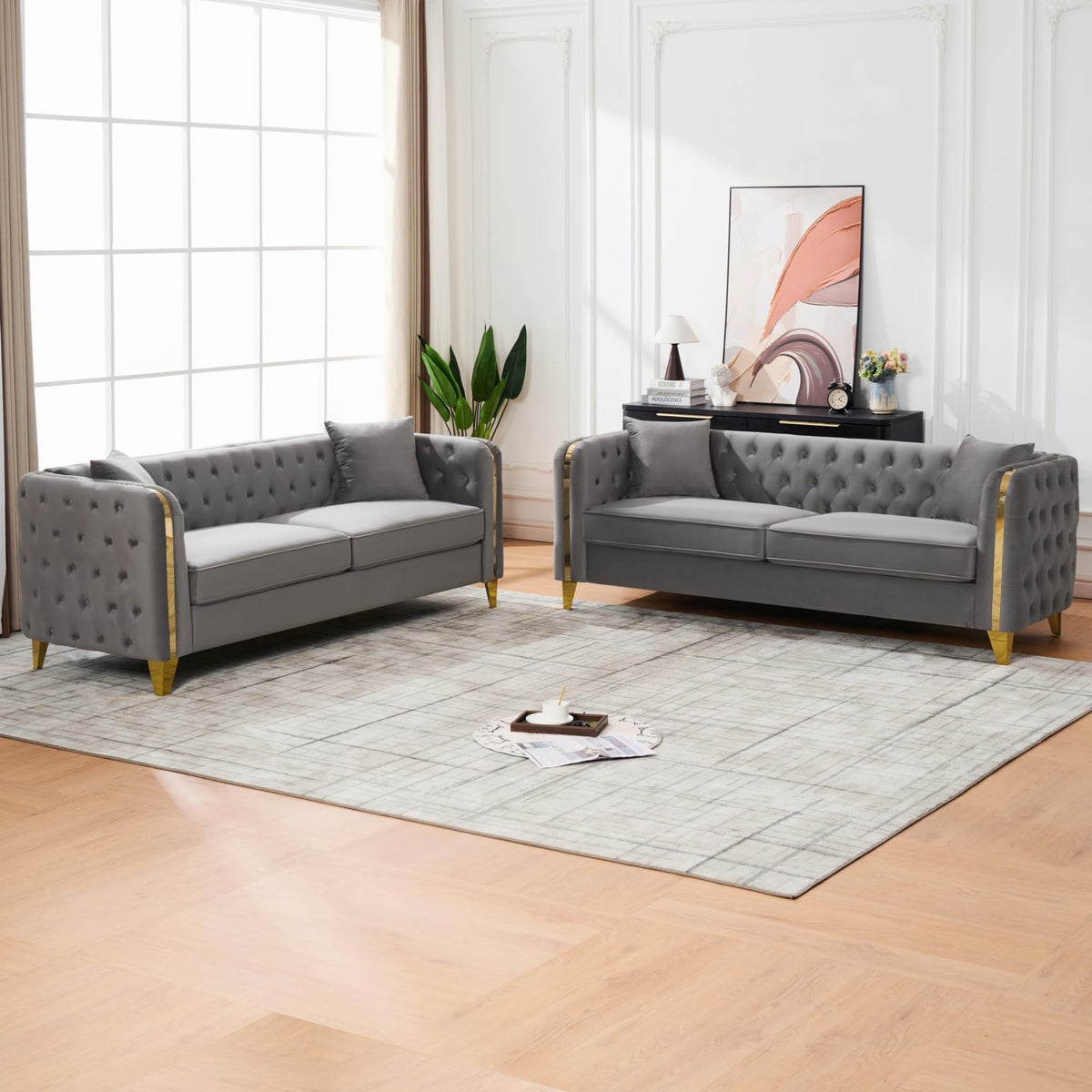 Velvet Chesterfield Sofa Set of 2, Mid Century Modern Deep Seat Loveseat + 3 Seater Couch with Golden Legs and Button Tufted, Upholstered Comfy Sofa with 2 Pillows for Living Room, Black Gold